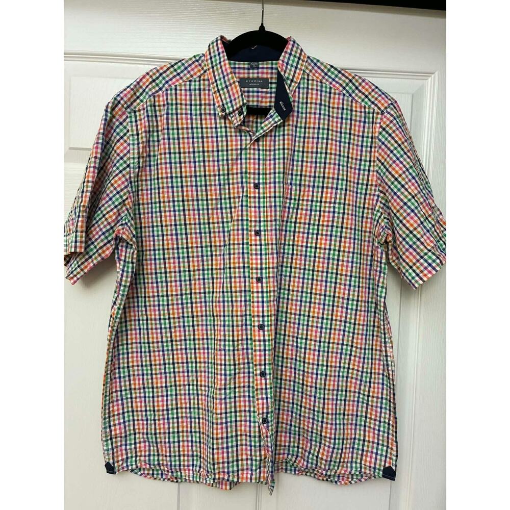 Eterna Modern Fit Men's XL Short Sleeve Button Down Shirt Multicolor CheckCotton